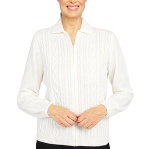 ALFRED DUNNER Classic Cable Knit Zip-Front Chenille Cardigan Ivory Size L (NWOT)